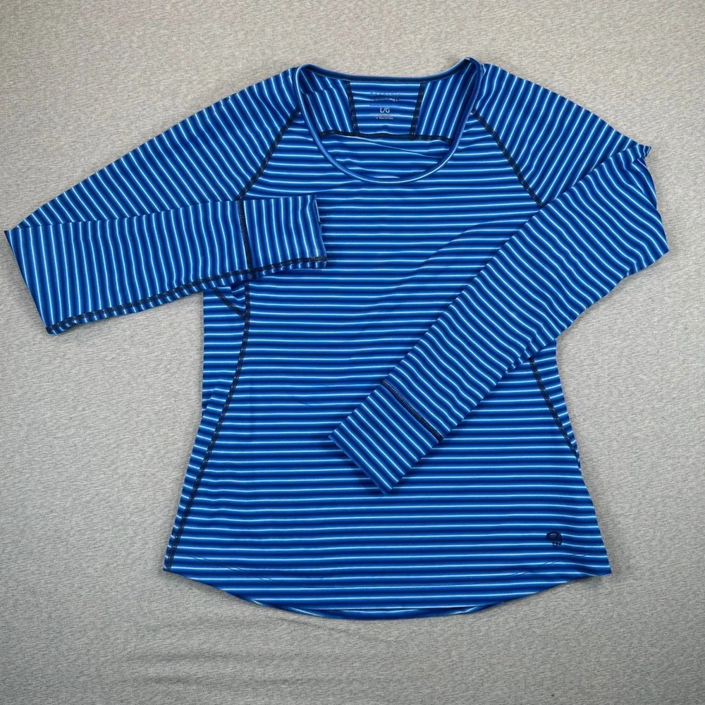 Mountain Hardwear Base Layer Top Shirt Womens L Blue Striped Long Sleeve Raglan - Picture 2 of 10